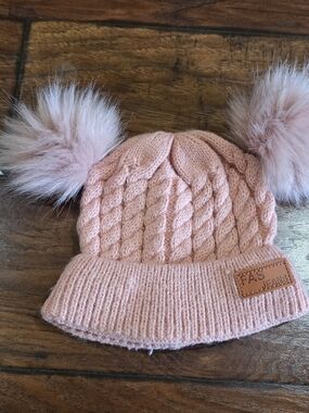 Kids Pink Cable-Knit Beanie with Double Faux-Fur Poms